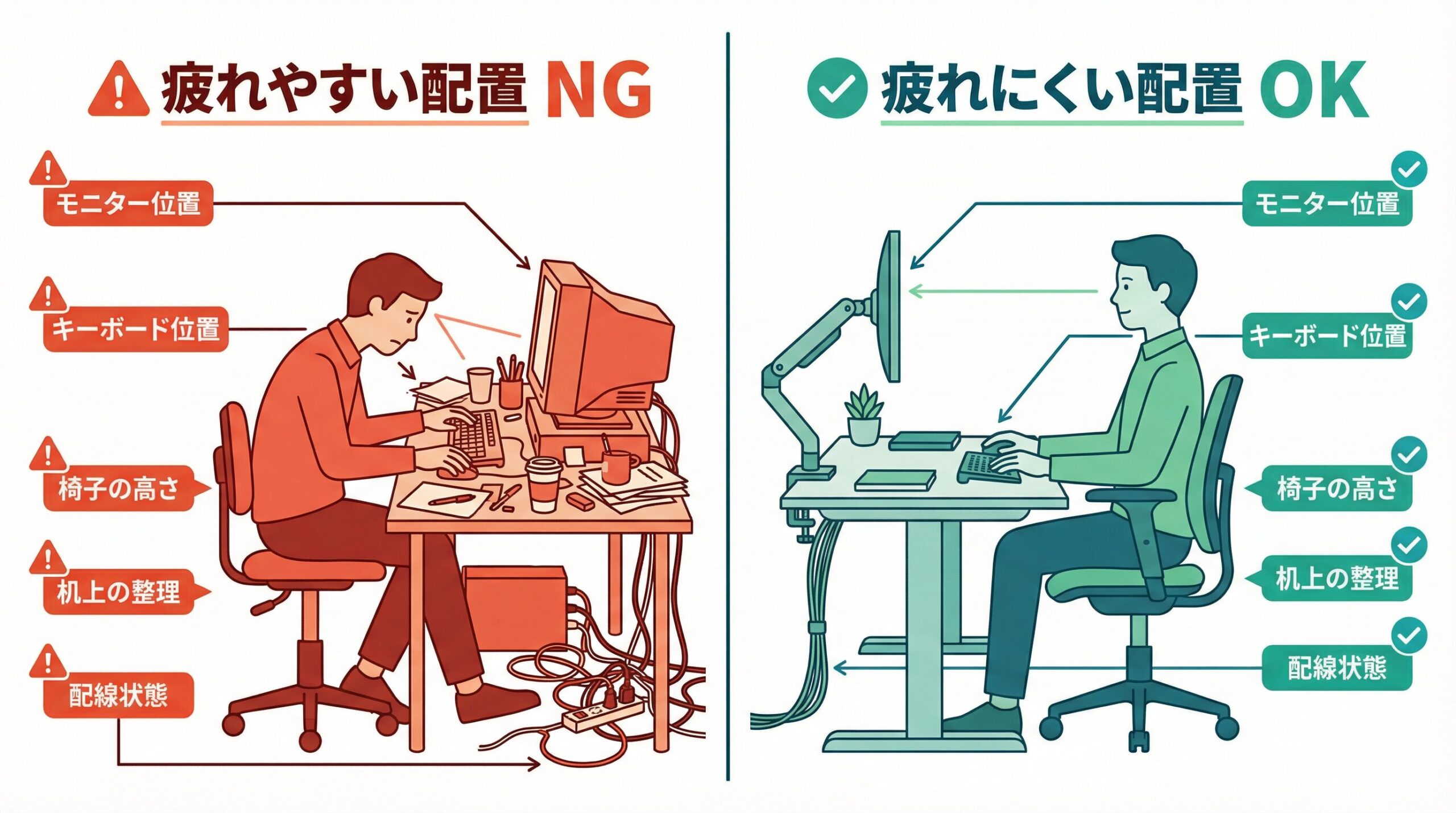 疲れやすい配置NGと疲れにくい配置OKの比較図解