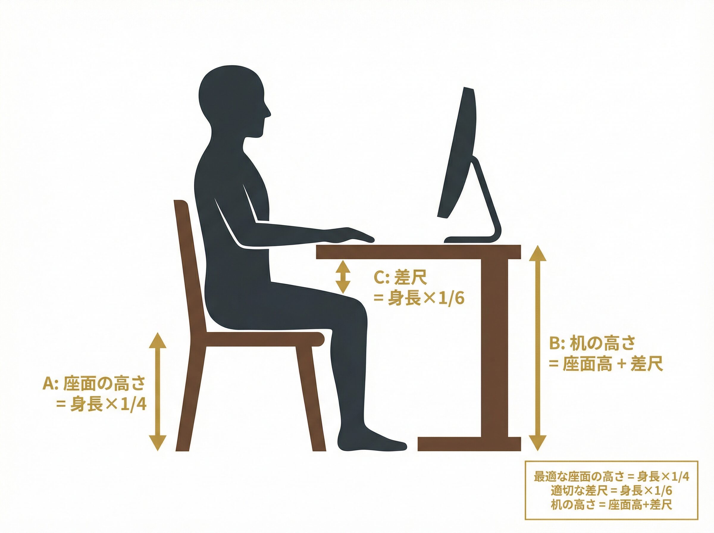 座位の姿勢図解｜座面高＝身長×1/4・差尺＝身長×1/6・机の高さ＝座面高＋差尺