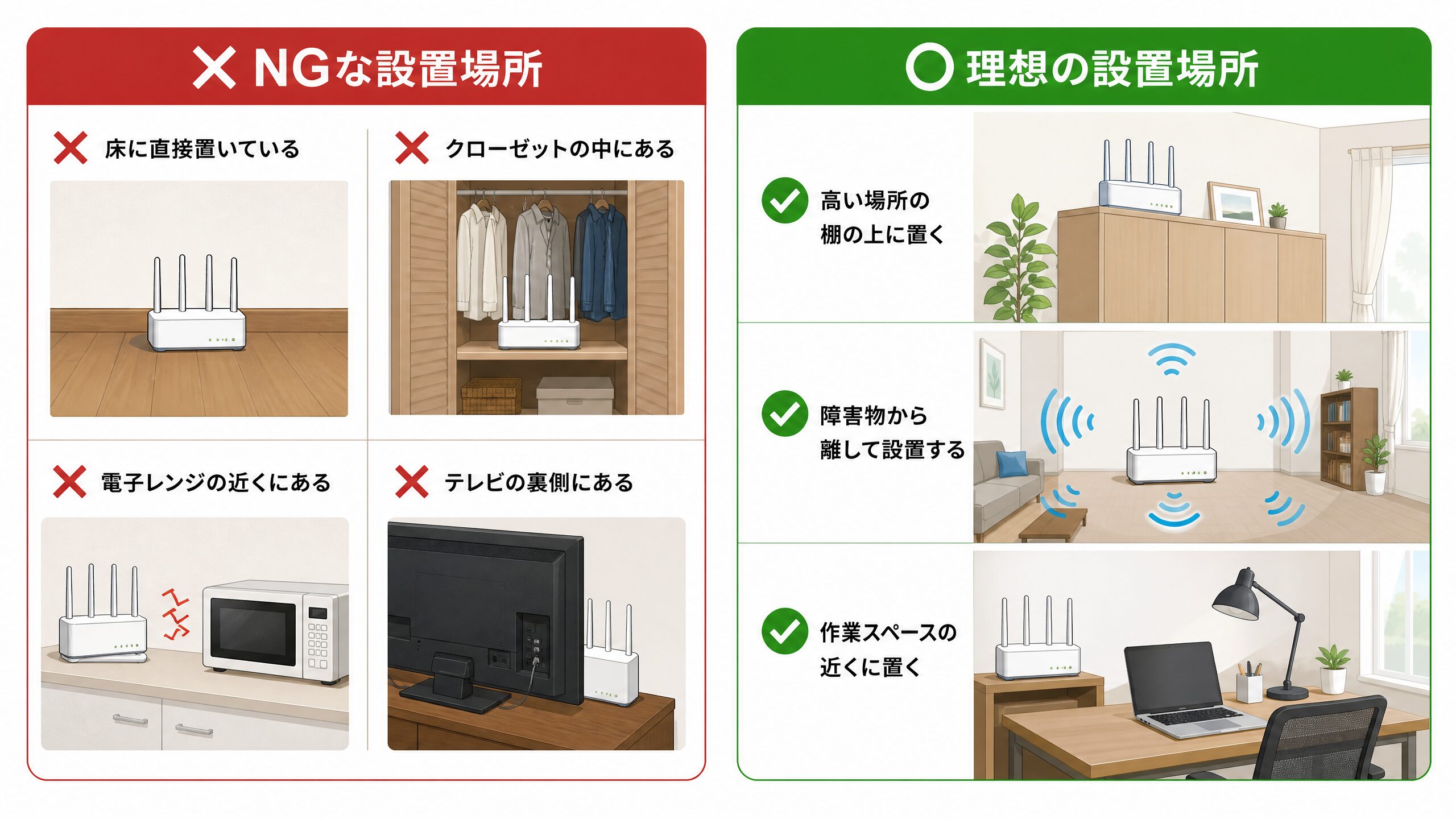 ルーターのNG設置場所と理想の設置場所 図解